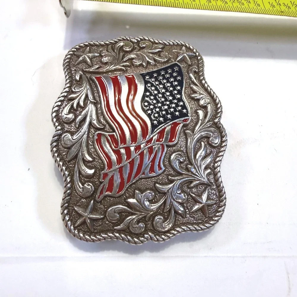American Flag Belt Buckle Western Silver Tone Floral Scroll Patriotic USA Star